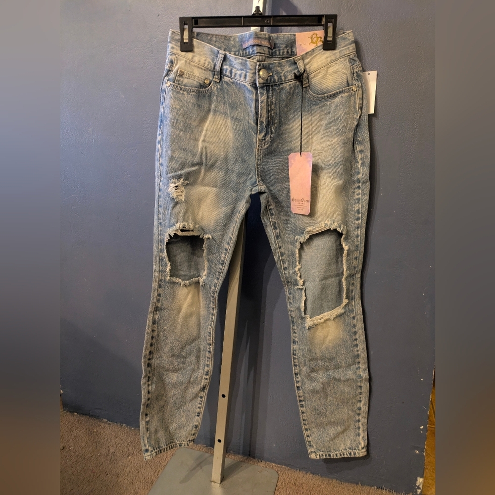 Distressed Holey ripped Cotton Denim Boom Boom Jeans Light Blue size 7.9,11